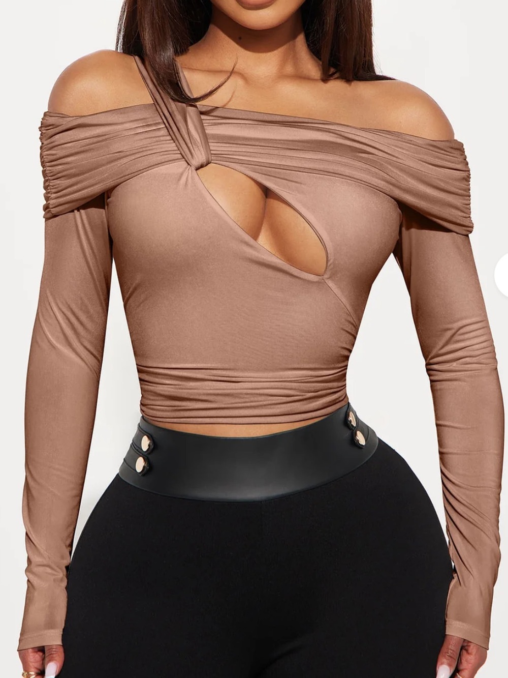 Fashion Nova Taupe Off-Shoulder Twist Crop Long Sleeve Top
